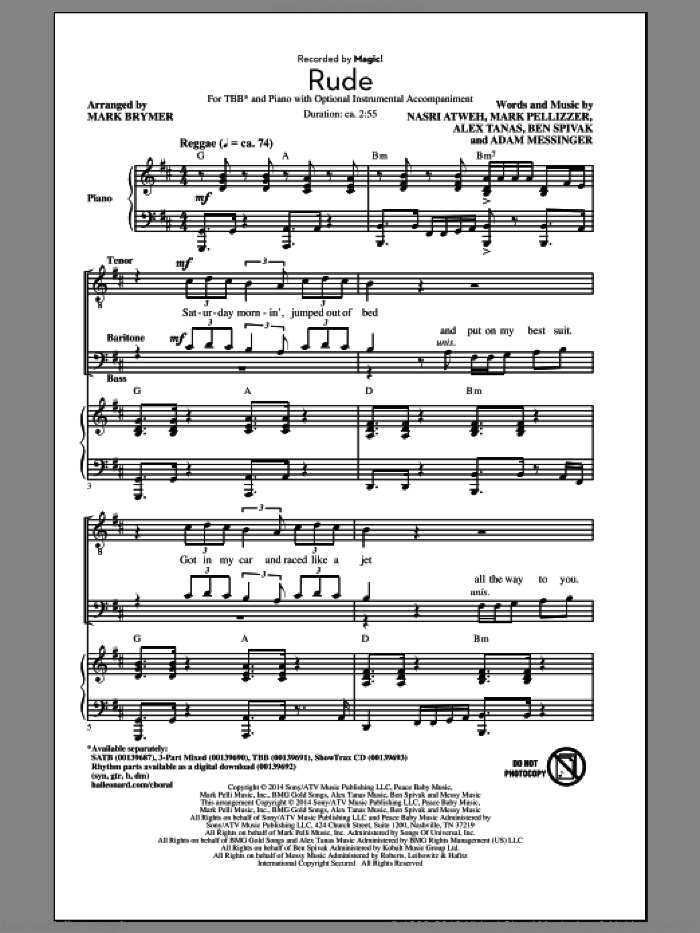 Rude (arr. Mark Brymer) sheet music for choir (TBB: tenor, bass) by Mark Brymer, MAGIC!, Adam Messinger, Alex Tanas, Ben Spivak, Mark Pellizzer and Nasri Atweh, intermediate skill level