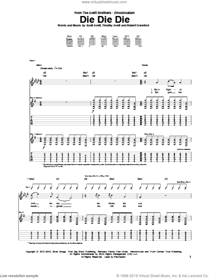 Die Die Die sheet music for guitar (tablature) by Avett Brothers, The Avett Brothers, Robert Crawford, Scott Avett and Timothy Avett, intermediate skill level
