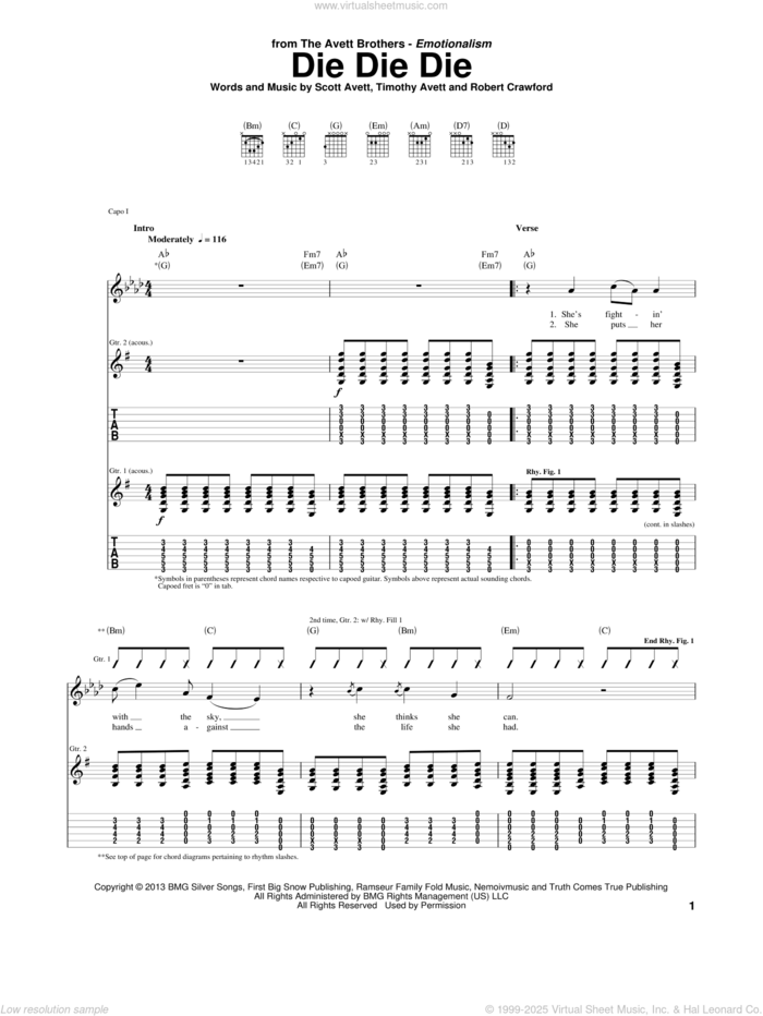 Die Die Die sheet music for guitar (tablature) by Avett Brothers, The Avett Brothers, Robert Crawford, Scott Avett and Timothy Avett, intermediate skill level