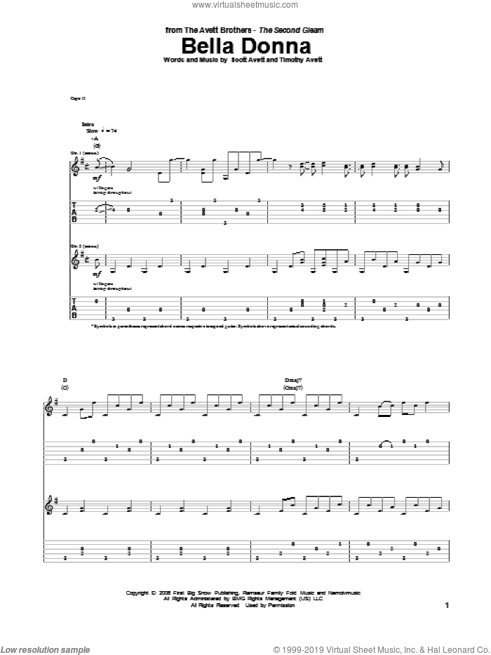 Bella Donna sheet music for guitar (tablature) by Avett Brothers, The Avett Brothers, Scott Avett and Timothy Avett, intermediate skill level