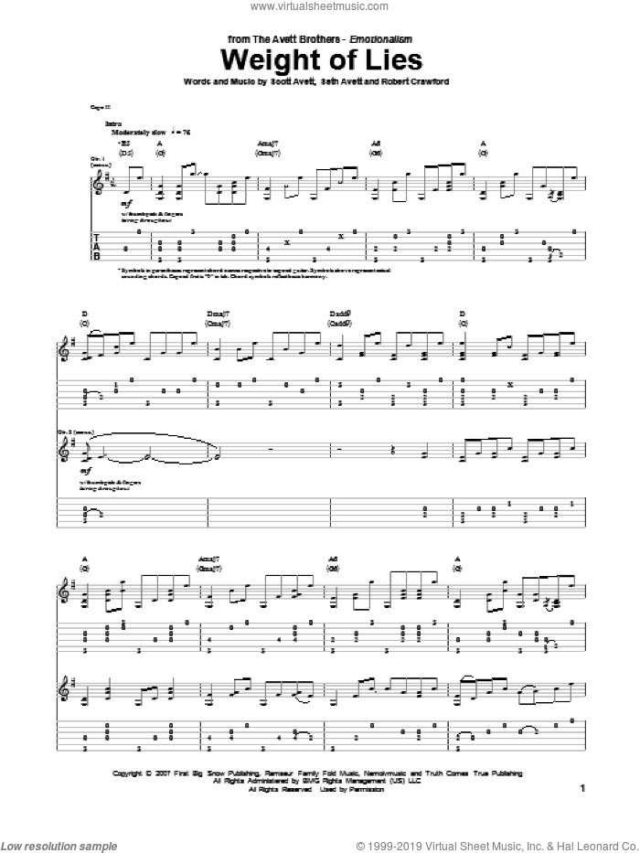 Weight Of Lies sheet music for guitar (tablature) by Avett Brothers, The Avett Brothers, Robert Crawford, Scott Avett and Seth Avett, intermediate skill level