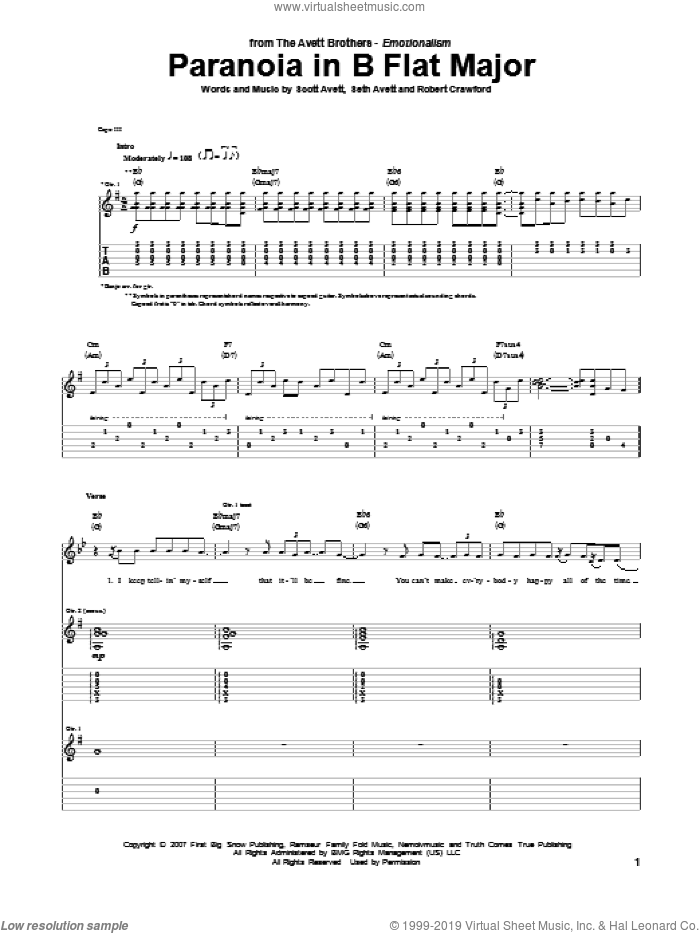 Paranoia In B Flat Major sheet music for guitar (tablature) by Avett Brothers, The Avett Brothers, Robert Crawford, Scott Avett and Seth Avett, intermediate skill level