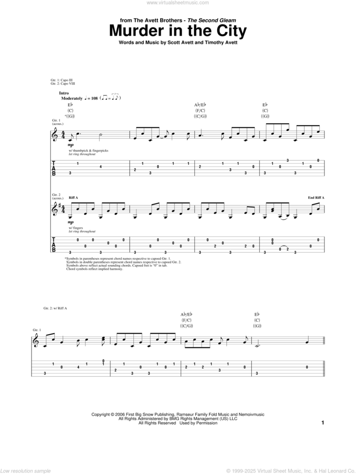 Murder In The City sheet music for guitar (tablature) by Avett Brothers, The Avett Brothers, Scott Avett and Timothy Avett, intermediate skill level