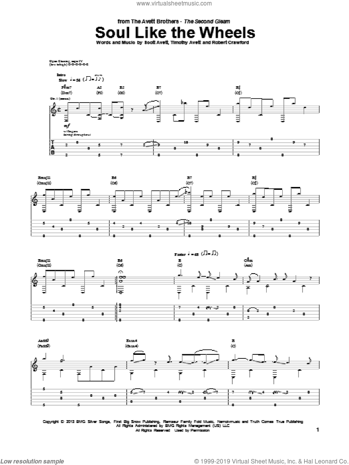 Soul Like The Wheels sheet music for guitar (tablature) by Avett Brothers, The Avett Brothers, Robert Crawford, Scott Avett and Timothy Avett, intermediate skill level