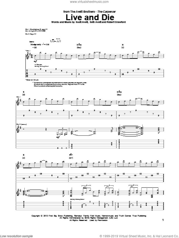 Live And Die sheet music for guitar (tablature) by Avett Brothers, The Avett Brothers, Robert Crawford, Scott Avett and Seth Avett, intermediate skill level