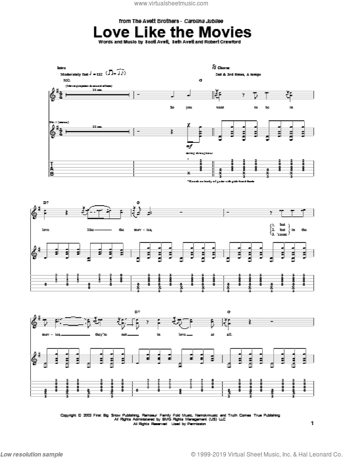 Love Like The Movies sheet music for guitar (tablature) by Avett Brothers, The Avett Brothers, Robert Crawford, Scott Avett and Seth Avett, intermediate skill level