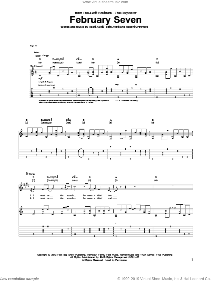 February Seven sheet music for guitar (tablature) by Avett Brothers, The Avett Brothers, Robert Crawford, Scott Avett and Seth Avett, intermediate skill level