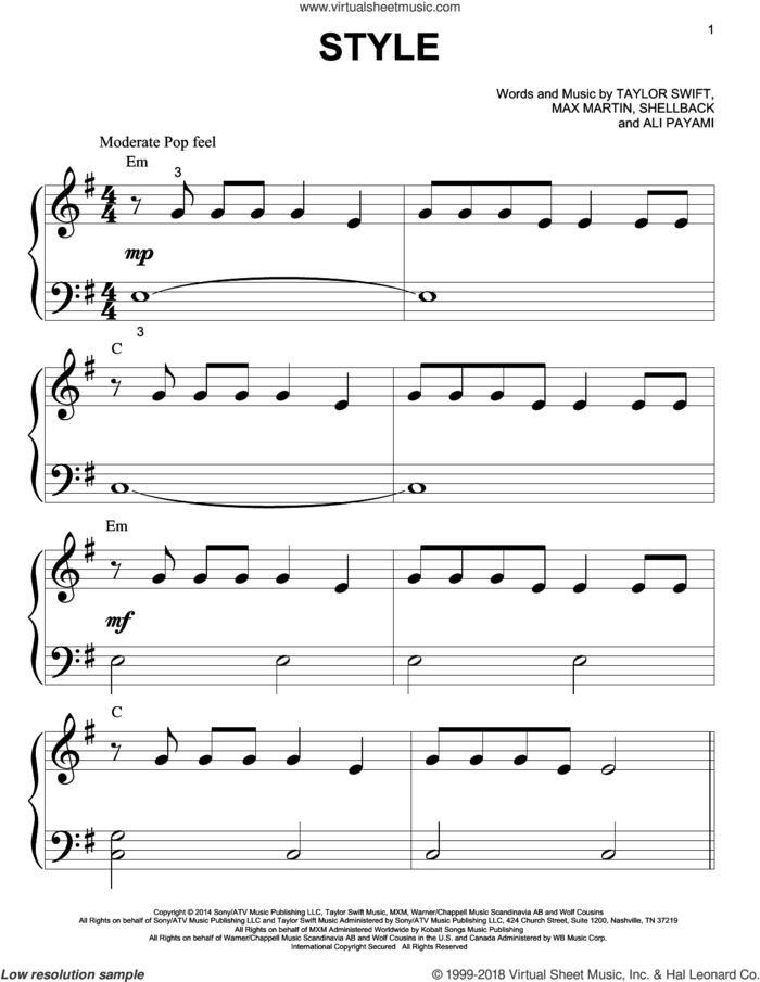 Style sheet music for piano solo (big note book) by Taylor Swift, Ali Payami, Johan Schuster, Max Martin and Shellback, easy piano (big note book)