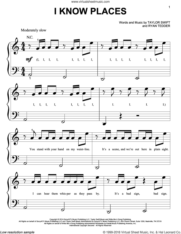 I Know Places sheet music for piano solo (big note book) by Taylor Swift and Ryan Tedder, easy piano (big note book)