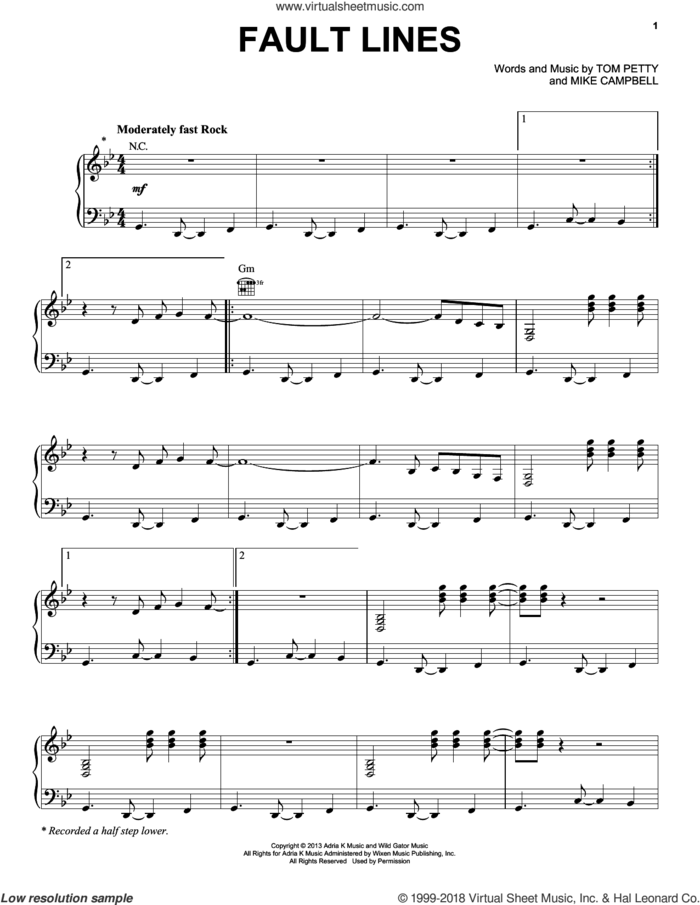 Fault Lines sheet music for voice, piano or guitar by Tom Petty, Tom Petty And The Heartbreakers and Mike Campbell, intermediate skill level