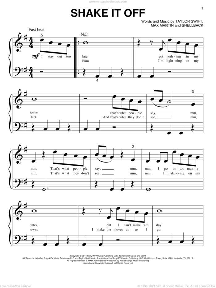 Shake It Off sheet music for piano solo (big note book) by Taylor Swift, Johan Schuster, Max Martin and Shellback, easy piano (big note book)