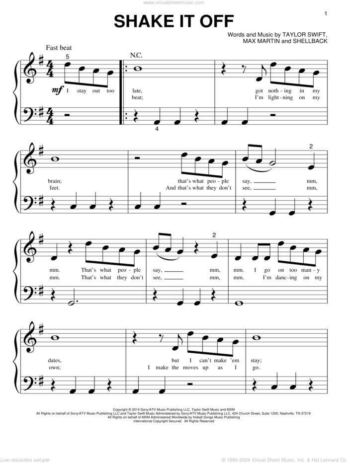 Shake It Off sheet music for piano solo (big note book) by Taylor Swift, Johan Schuster, Max Martin and Shellback, easy piano (big note book)