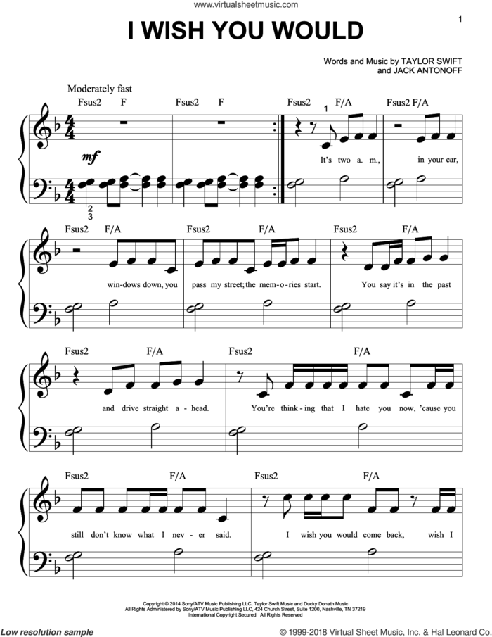 I Wish You Would sheet music for piano solo (big note book) by Taylor Swift and Jack Antonoff, easy piano (big note book)