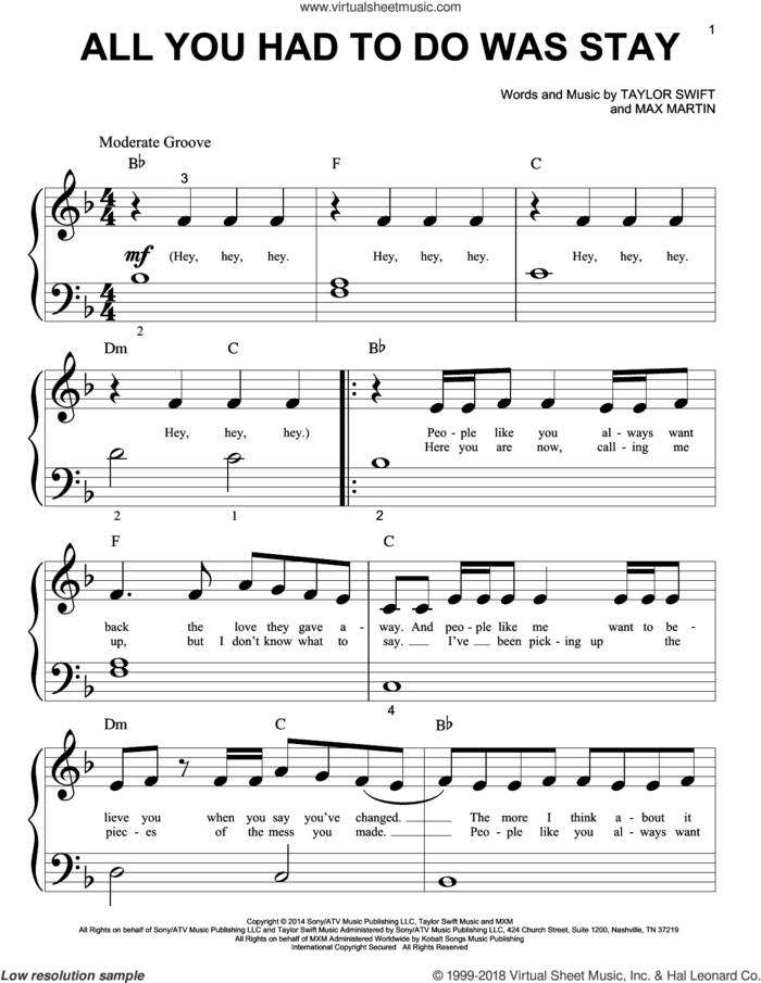 All You Had To Do Was Stay sheet music for piano solo (big note book) by Taylor Swift and Max Martin, easy piano (big note book)