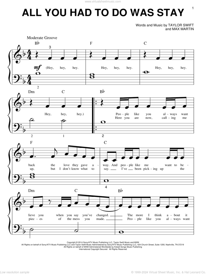 All You Had To Do Was Stay sheet music for piano solo (big note book) by Taylor Swift and Max Martin, easy piano (big note book)