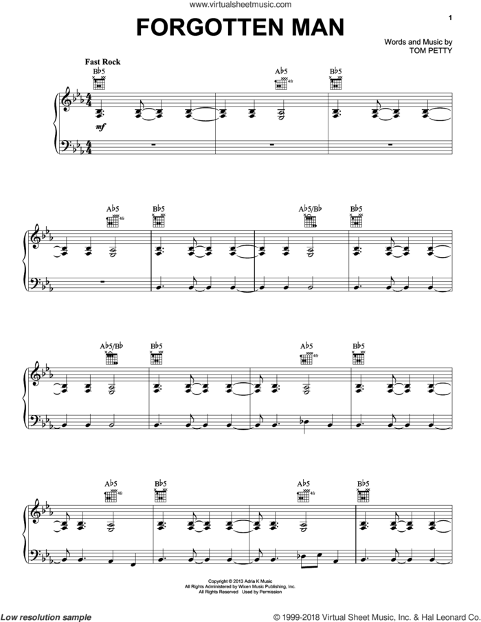 Forgotten Man sheet music for voice, piano or guitar by Tom Petty and Tom Petty And The Heartbreakers, intermediate skill level