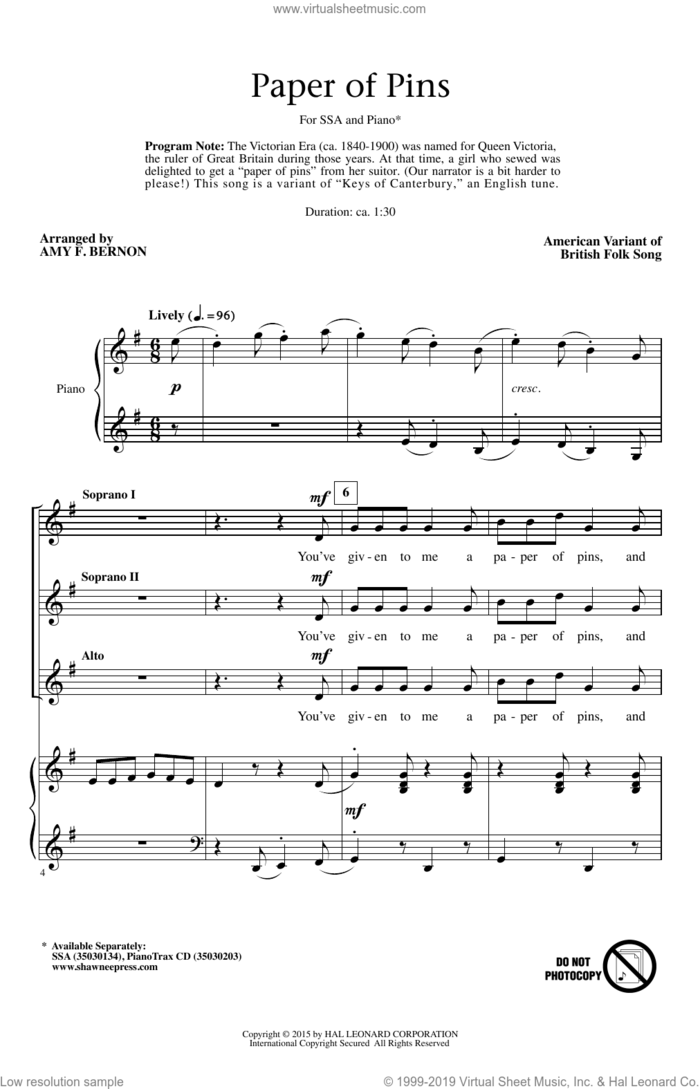 A Paper Of Pins sheet music for choir (SSA: soprano, alto) by Amy Bernon, intermediate skill level