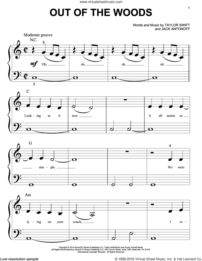 Out Of The Woods sheet music for piano solo (big note book) by Taylor Swift and Jack Antonoff, easy piano (big note book)