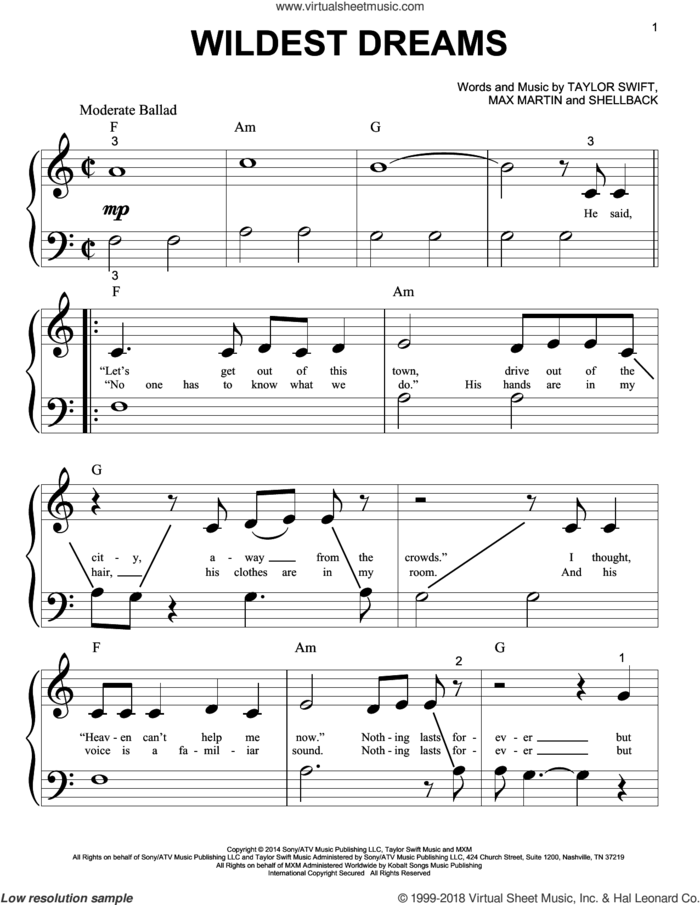 Wildest Dreams sheet music for piano solo (big note book) by Taylor Swift, Johan Schuster, Max Martin and Shellback, easy piano (big note book)