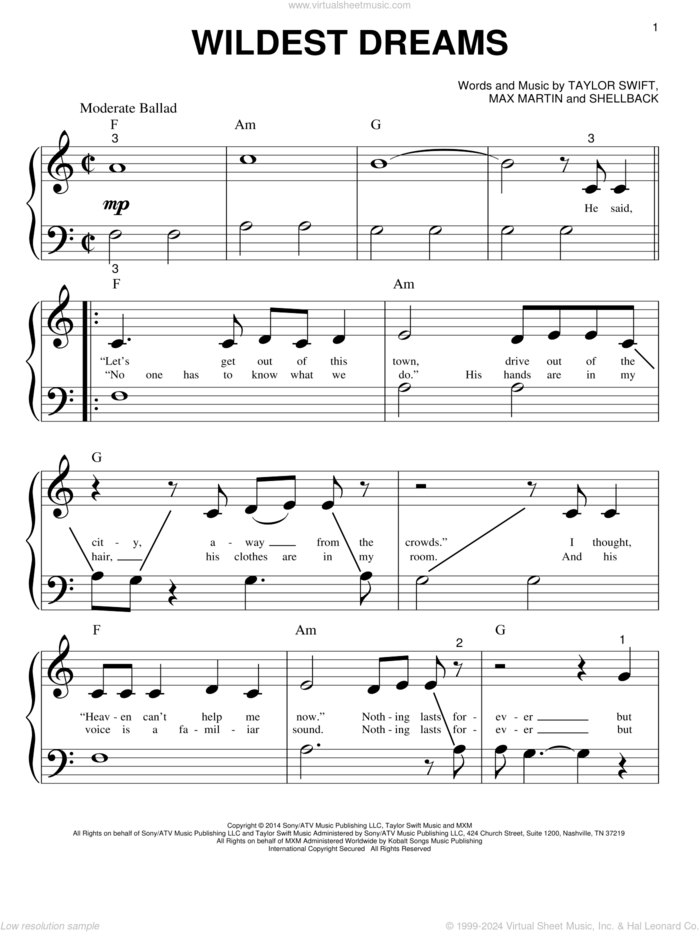 Wildest Dreams sheet music for piano solo (big note book) by Taylor Swift, Johan Schuster, Max Martin and Shellback, easy piano (big note book)