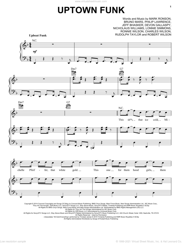 Uptown Funk (feat. Bruno Mars) sheet music for voice, piano or guitar by Mark Ronson ft. Bruno Mars, Bruno Mars, Devon Gallaspy, Jeff Bhasker, Mark Ronson, Nicholaus Williams and Philip Lawrence, intermediate skill level
