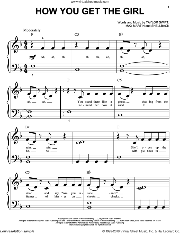 How You Get The Girl sheet music for piano solo (big note book) by Taylor Swift, Johan Schuster, Max Martin and Shellback, easy piano (big note book)