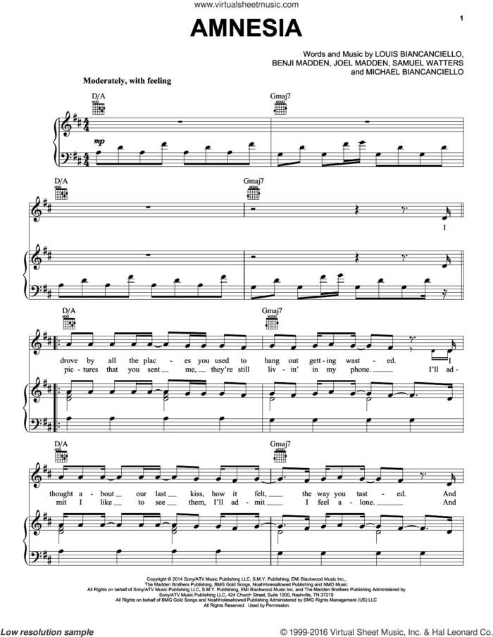 Amnesia sheet music for voice, piano or guitar by 5 Seconds of Summer, Benji Madden, Joel Madden, Louis Biancaniello, Michael Biancaniello and Sam Watters, intermediate skill level