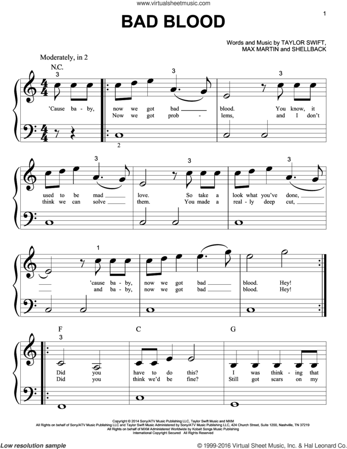 Bad Blood sheet music for piano solo (big note book) by Taylor Swift, Johan Schuster, Max Martin and Shellback, easy piano (big note book)