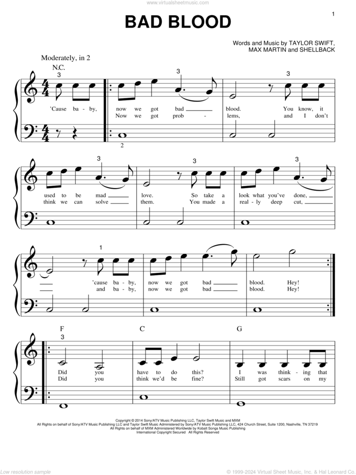 Bad Blood sheet music for piano solo (big note book) by Taylor Swift, Johan Schuster, Max Martin and Shellback, easy piano (big note book)