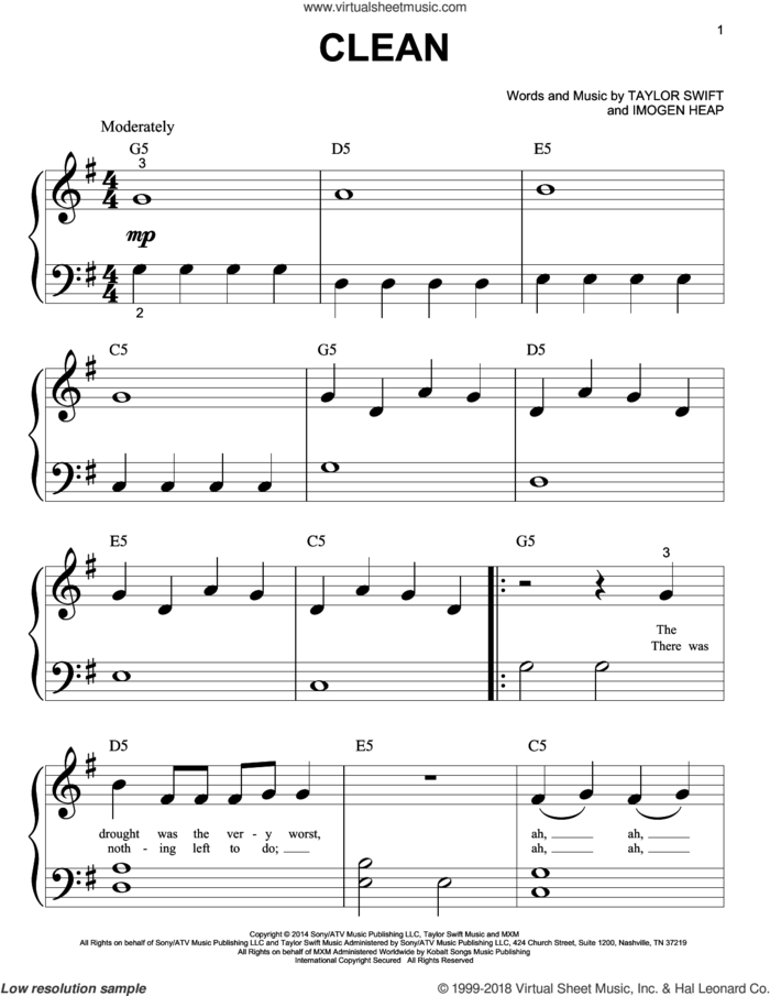 Clean sheet music for piano solo (big note book) by Taylor Swift and Imogen Heap, easy piano (big note book)