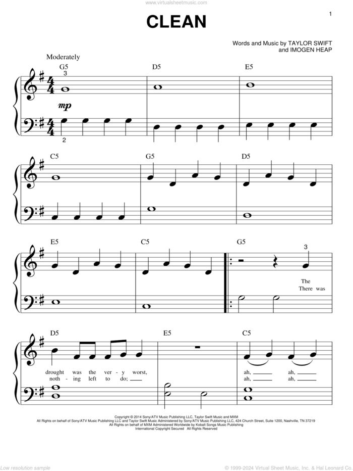 Clean sheet music for piano solo (big note book) by Taylor Swift and Imogen Heap, easy piano (big note book)