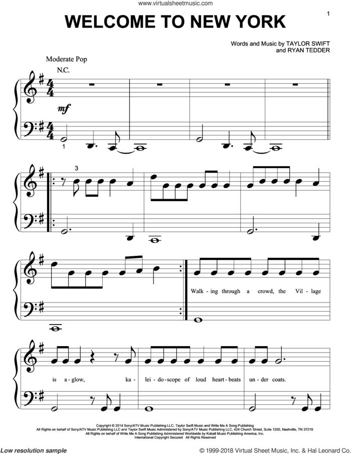 Welcome To New York sheet music for piano solo (big note book) by Taylor Swift and Ryan Tedder, easy piano (big note book)