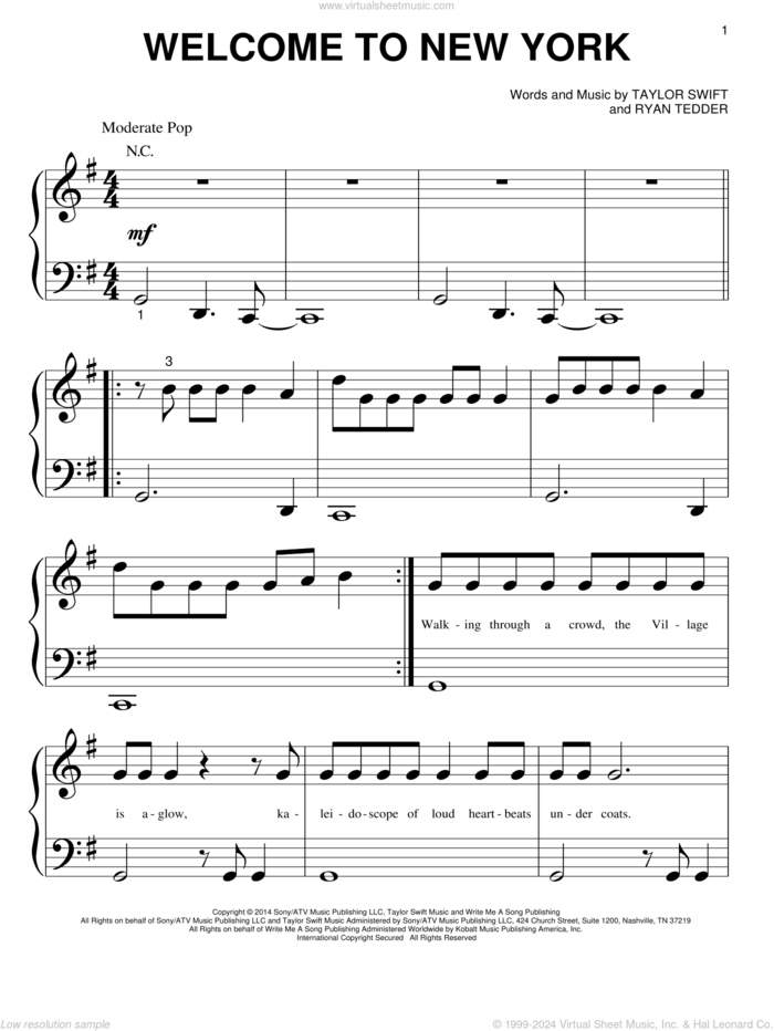 Welcome To New York sheet music for piano solo (big note book) by Taylor Swift and Ryan Tedder, easy piano (big note book)