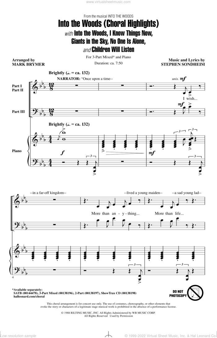 Into The Woods (Choral Highlights) sheet music for choir (3-Part Mixed) by Stephen Sondheim and Mark Brymer, intermediate skill level