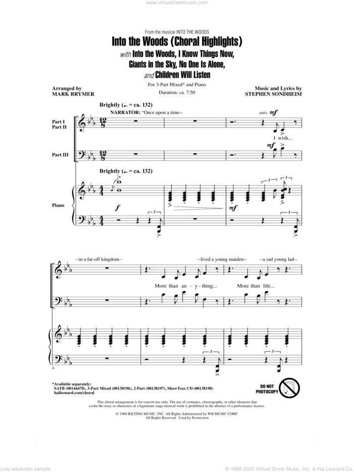 Into The Woods (Choral Highlights) sheet music for choir (3-Part Mixed) by Stephen Sondheim and Mark Brymer, intermediate skill level