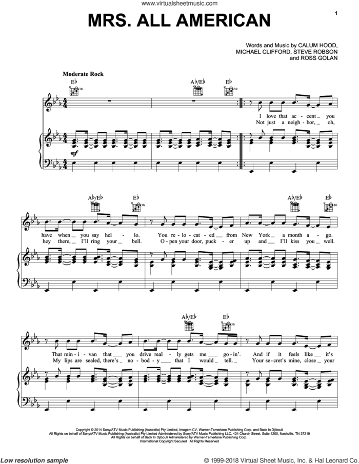Mrs. All American sheet music for voice, piano or guitar by 5 Seconds of Summer, Calum Hood, Michael Clifford, Ross Golan and Steve Robson, intermediate skill level