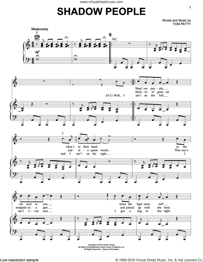 Shadow People sheet music for voice, piano or guitar by Tom Petty and Tom Petty And The Heartbreakers, intermediate skill level