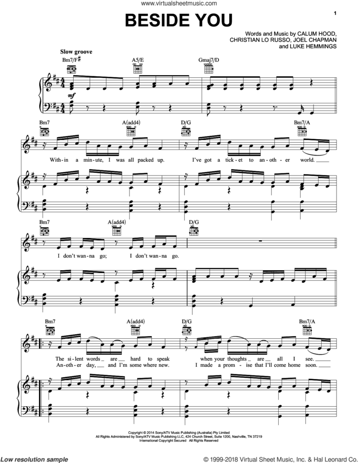 Beside You sheet music for voice, piano or guitar by 5 Seconds of Summer, Calum Hood, Christian Lo Russo, Joel Chapman and Luke Hemmings, intermediate skill level