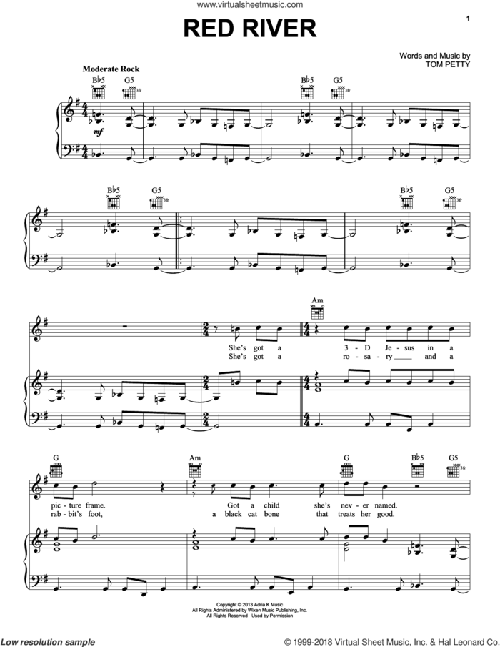 Red River sheet music for voice, piano or guitar by Tom Petty and Tom Petty And The Heartbreakers, intermediate skill level