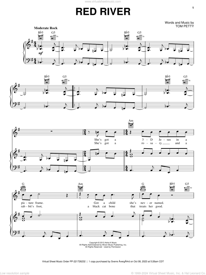 Red River sheet music for voice, piano or guitar by Tom Petty and Tom Petty And The Heartbreakers, intermediate skill level