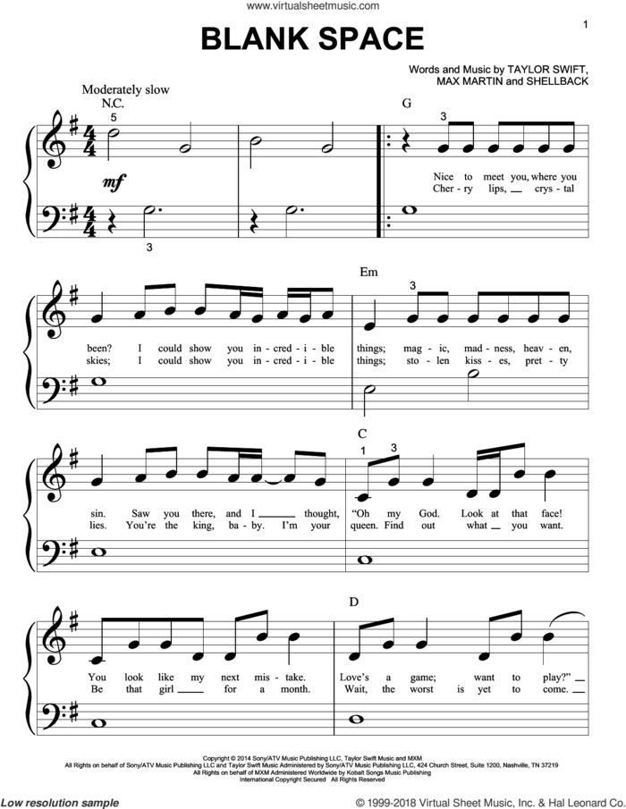 Blank Space sheet music for piano solo (big note book) by Taylor Swift, Johan Schuster, Max Martin and Shellback, easy piano (big note book)
