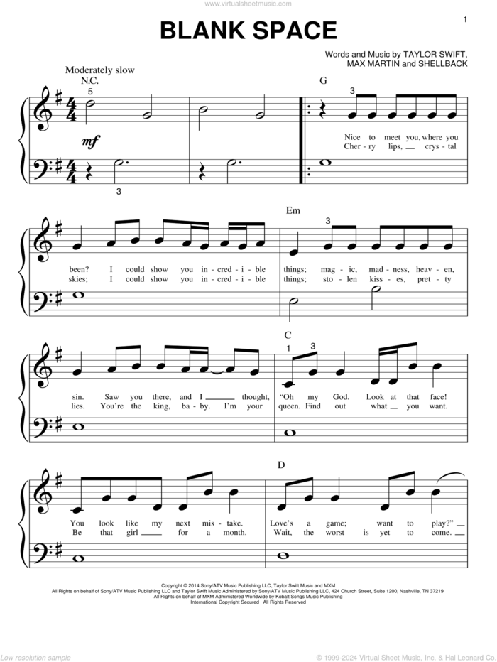 Blank Space sheet music for piano solo (big note book) by Taylor Swift, Johan Schuster, Max Martin and Shellback, easy piano (big note book)