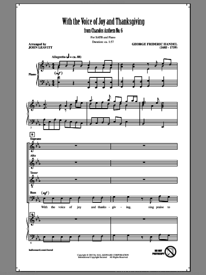 With The Voice Of Joy And Thanksgiving sheet music for choir (SATB: soprano, alto, tenor, bass) by George Frideric Handel and John Leavitt, intermediate skill level