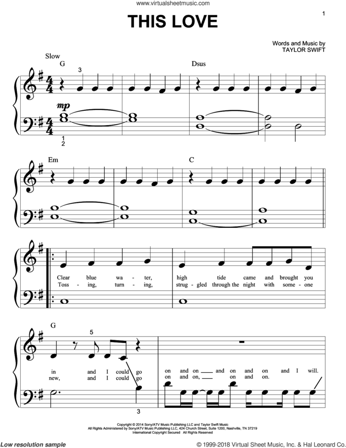 This Love sheet music for piano solo (big note book) by Taylor Swift, easy piano (big note book)