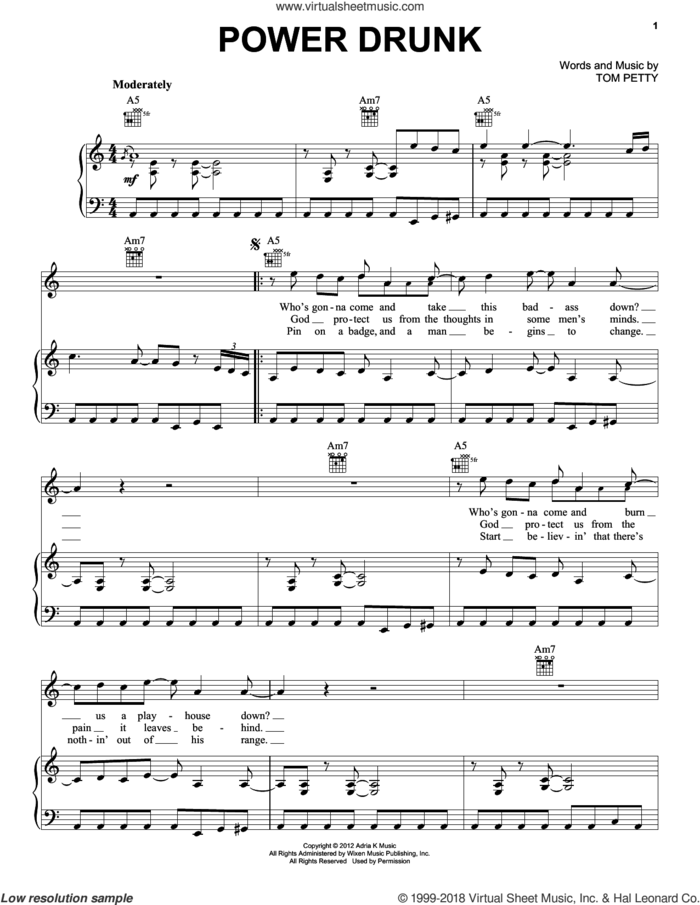 Power Drunk sheet music for voice, piano or guitar by Tom Petty and Tom Petty And The Heartbreakers, intermediate skill level