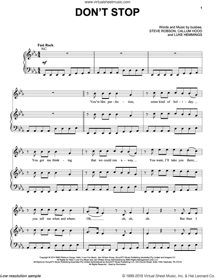 Don't Stop sheet music for voice, piano or guitar by 5 Seconds of Summer, Calum Hood, Luke Hemmings, Michael Busbee and Steve Robson, intermediate skill level