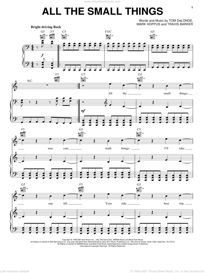 All The Small Things sheet music for voice, piano or guitar by Blink 182, Mark Hoppus, Tom DeLonge and Travis Barker, intermediate skill level