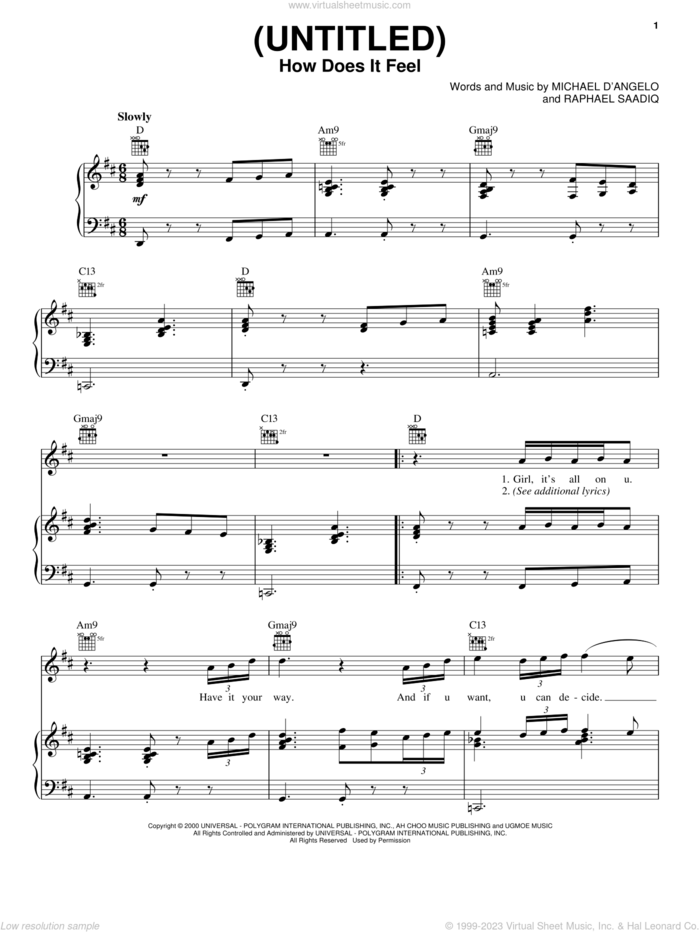 (Untitled) How Does It Feel sheet music for voice, piano or guitar by D'Angelo and Raphael Saadiq, intermediate skill level
