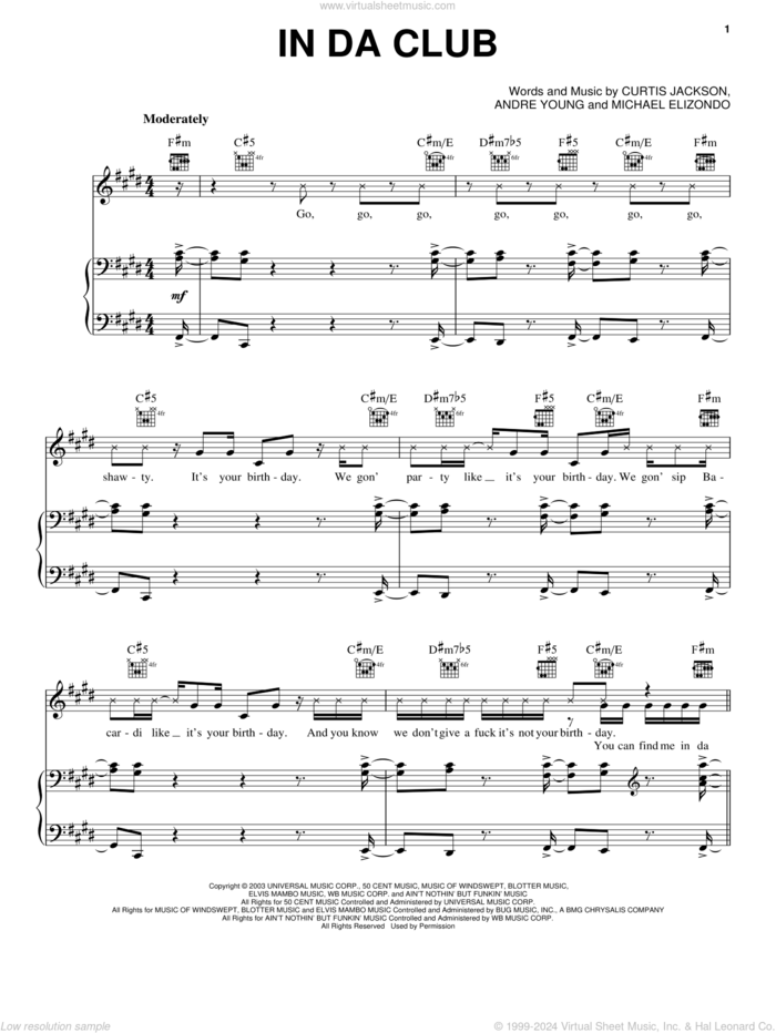 In Da Club sheet music for voice, piano or guitar by 50 Cent, Andre Young, Curtis Jackson and Mike Elizondo, intermediate skill level