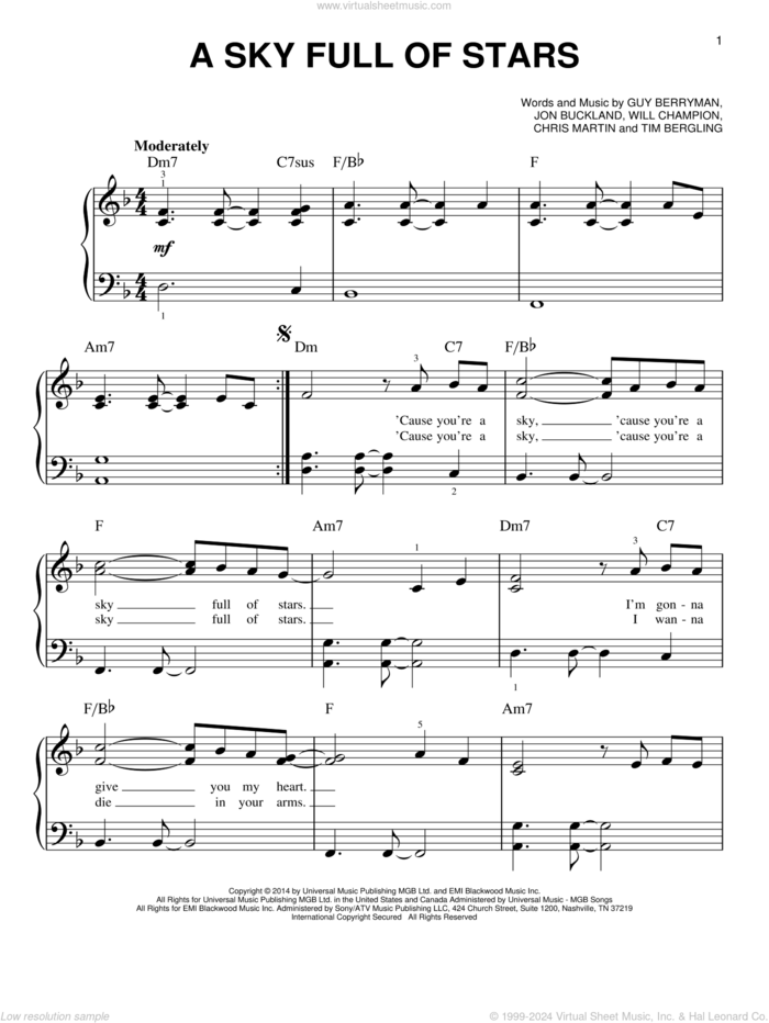 A Sky Full Of Stars, (beginner) sheet music for piano solo by Coldplay, Chris Martin, Guy Berryman, Jon Buckland, Tim Bergling and Will Champion, wedding score, beginner skill level